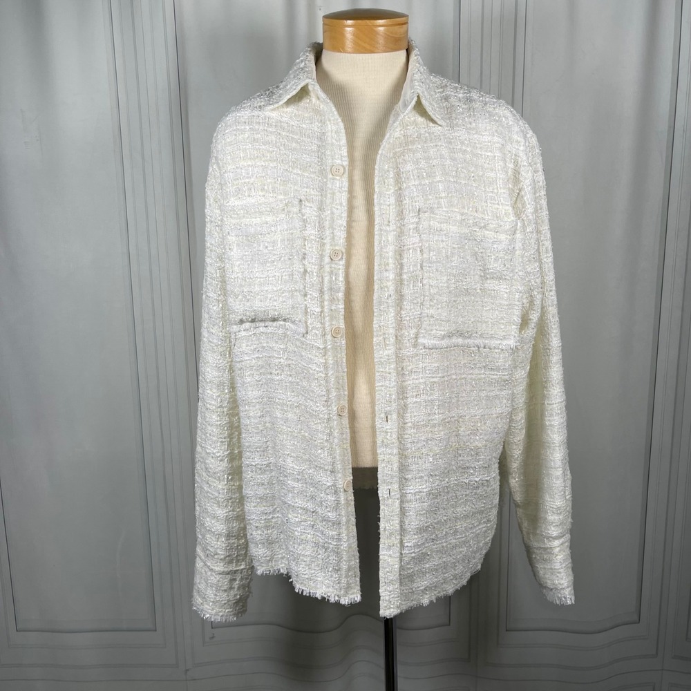 MNML NWT - Men's Raw Edge Tweed Flannel Shirt Jacket - White Bouclé‎ Texture - M